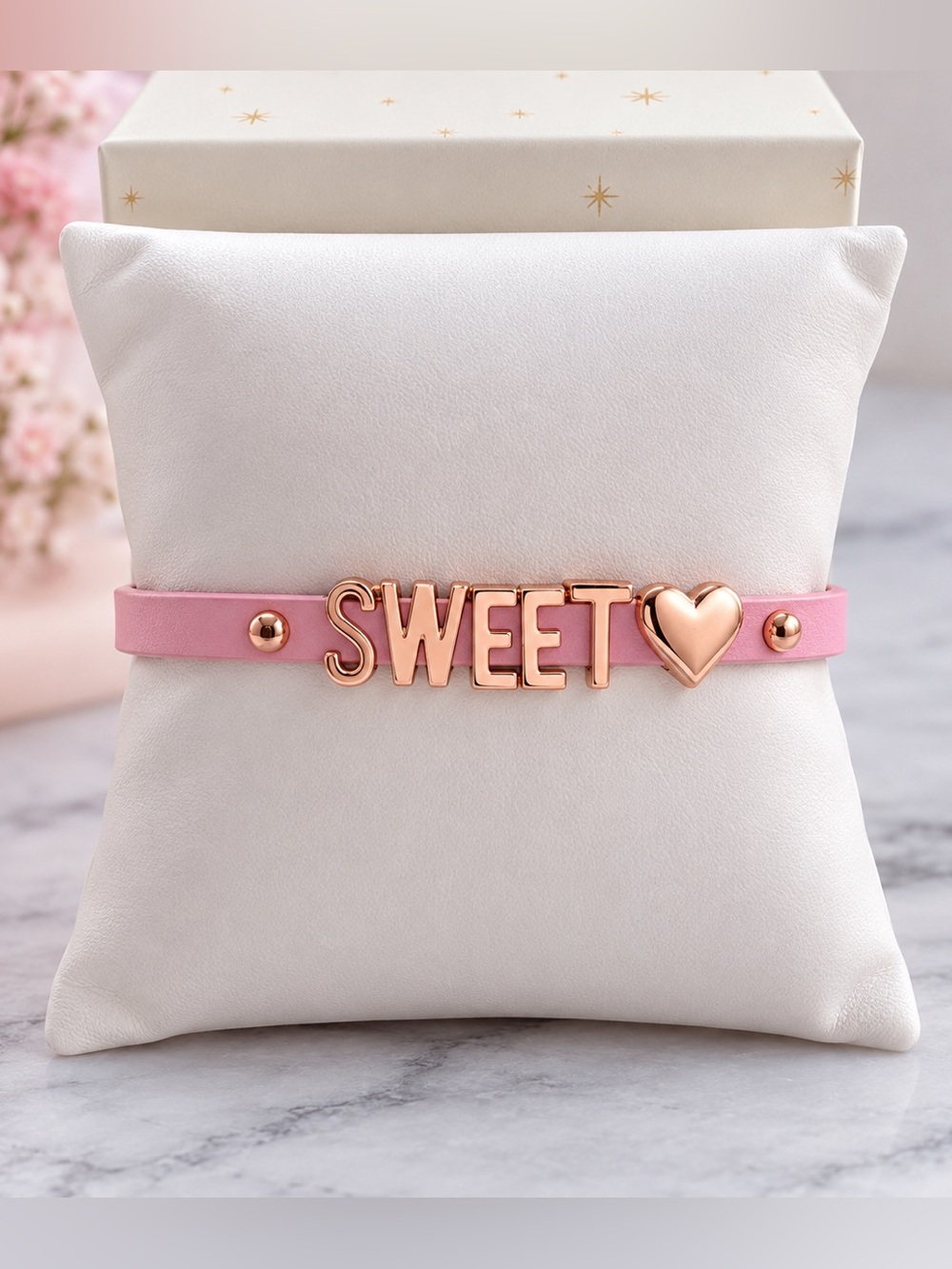 Dainty “Sweetheart” Pink Bracelet with Rose Gold‎ Accents Thin Belt Bracelet
